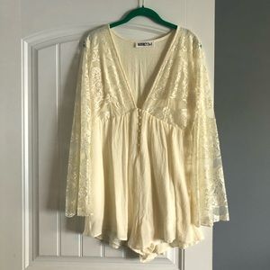 Lace Sleeved, Deep V Romper